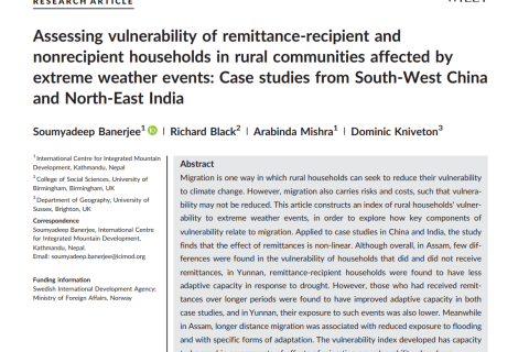 Assessing vulnerability of remittance‐recipient and nonrecipient households in rural communities affected by extreme weather events: Case studies from South‐West China and North‐East India