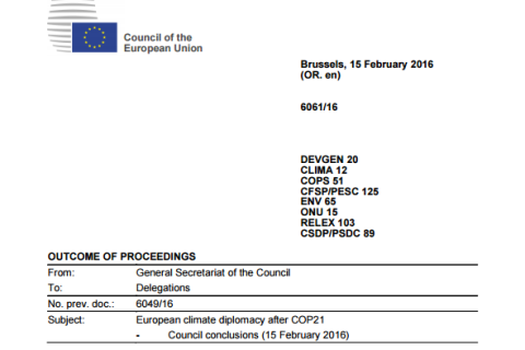 European Council conclusions on European climate diplomacy after COP21